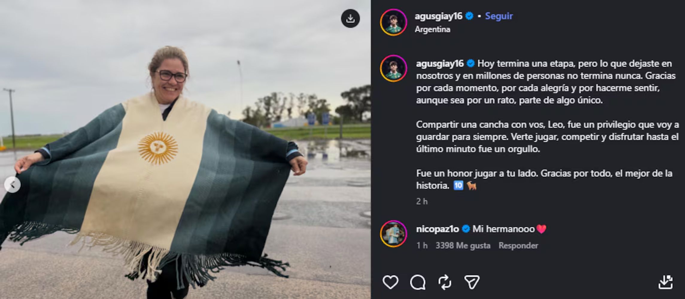 Qué hizo Agustín Giay con el poncho que le pidió a La Sole en la despedida de Messi