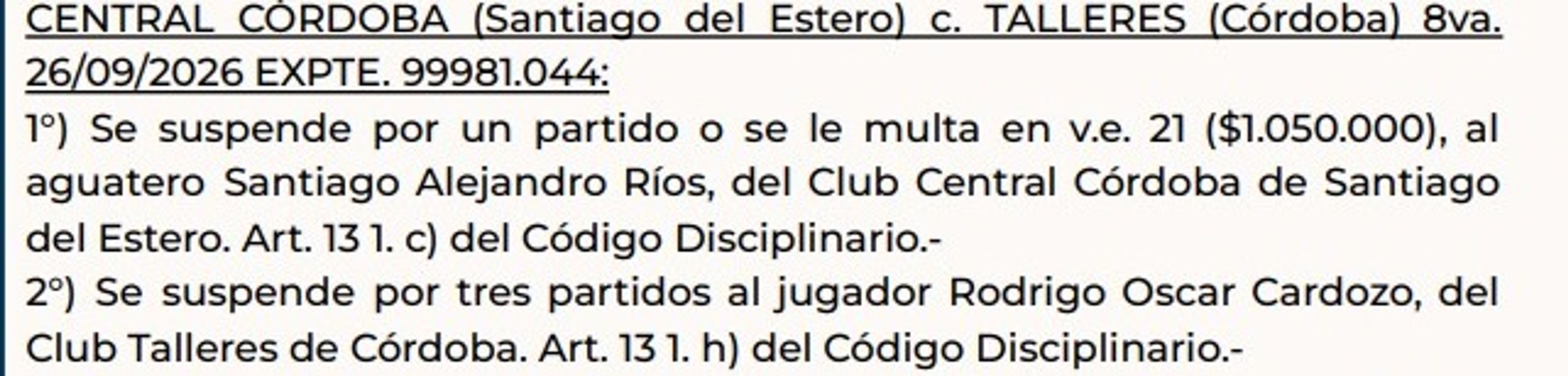 La multa contra Talleres.