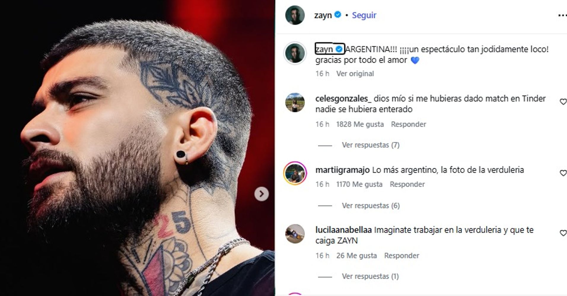 Zayn Malik agradeció el recibimiento del público argentino con una publicación en Instagram.