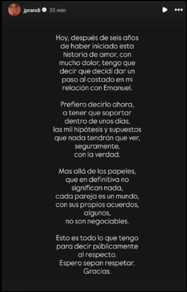 El comunicado de Julieta Prandi sobre su separación