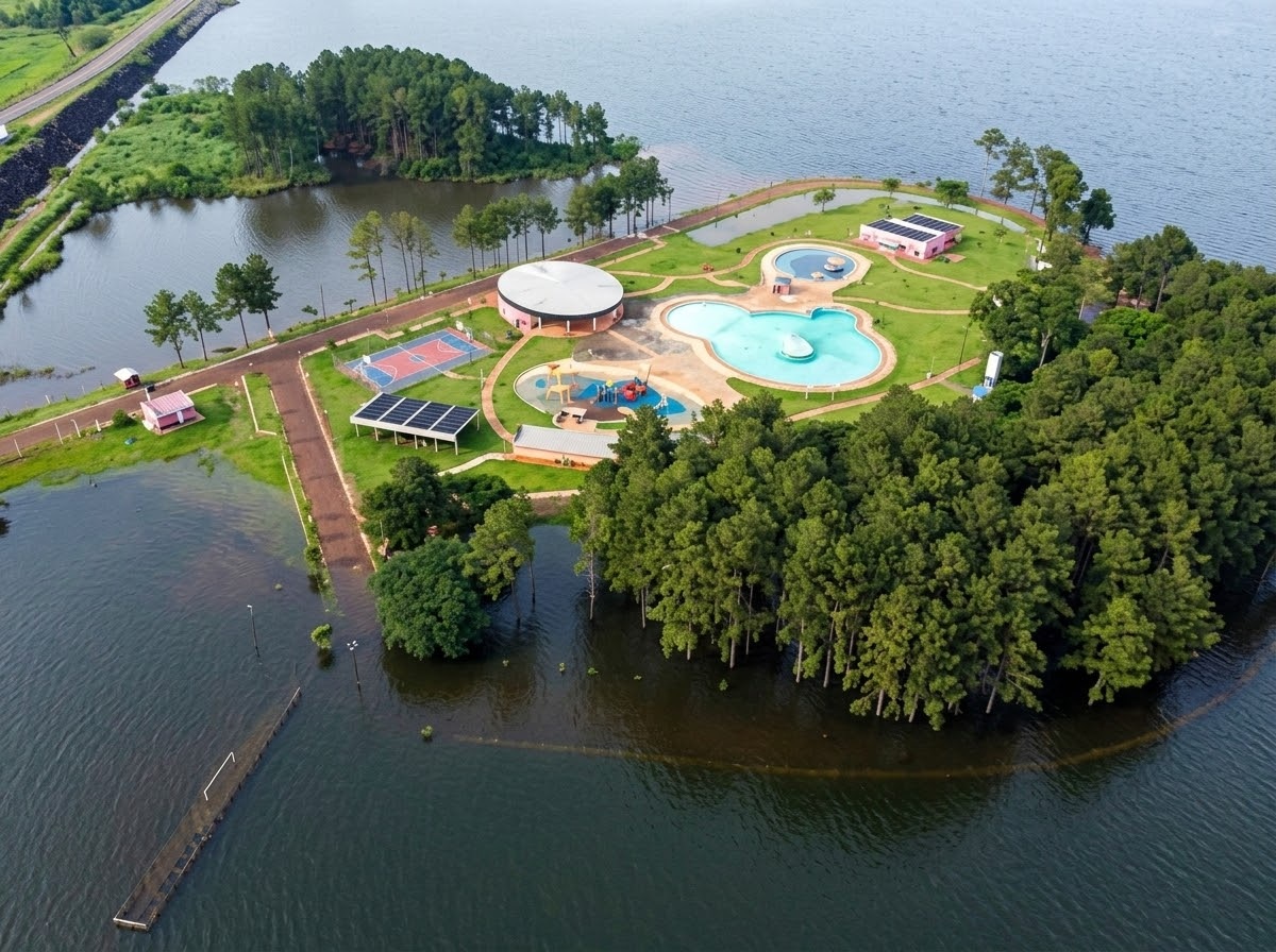 La crecida del lago Urugua-í dejó rodeado de agua al Parque Acuático de Puerto Libertad.