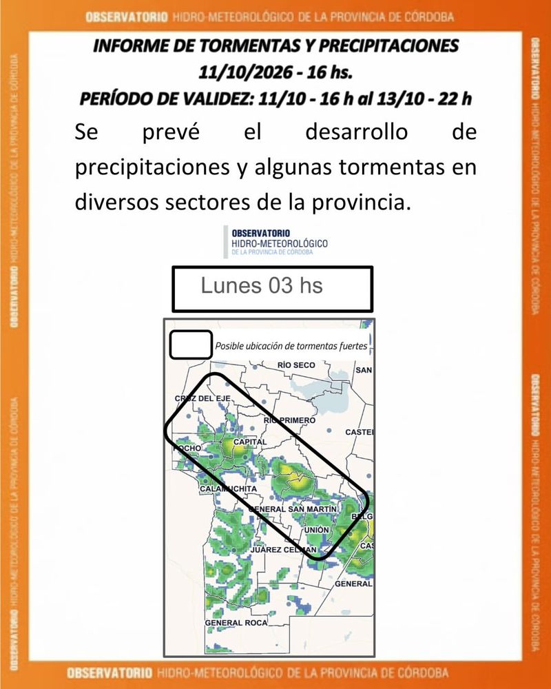 El informe sobre las tormentas en Córdoba para este martes 13 de octubre.