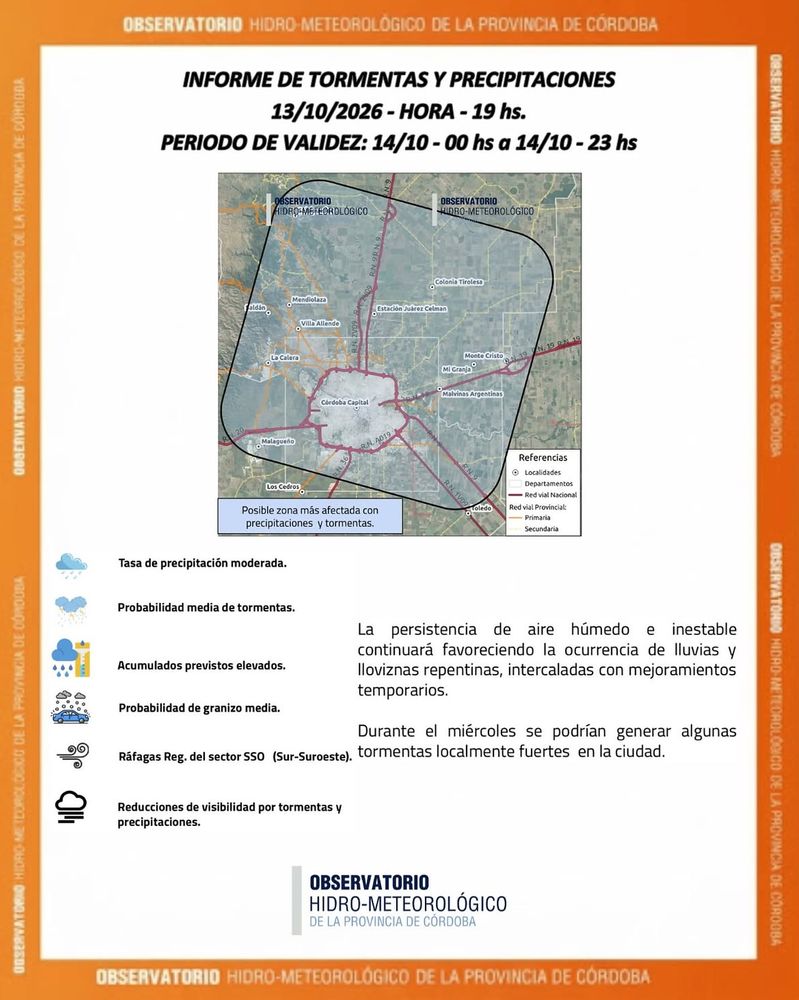 Informe de tormentas para este 14 de octubre en Córdoba.