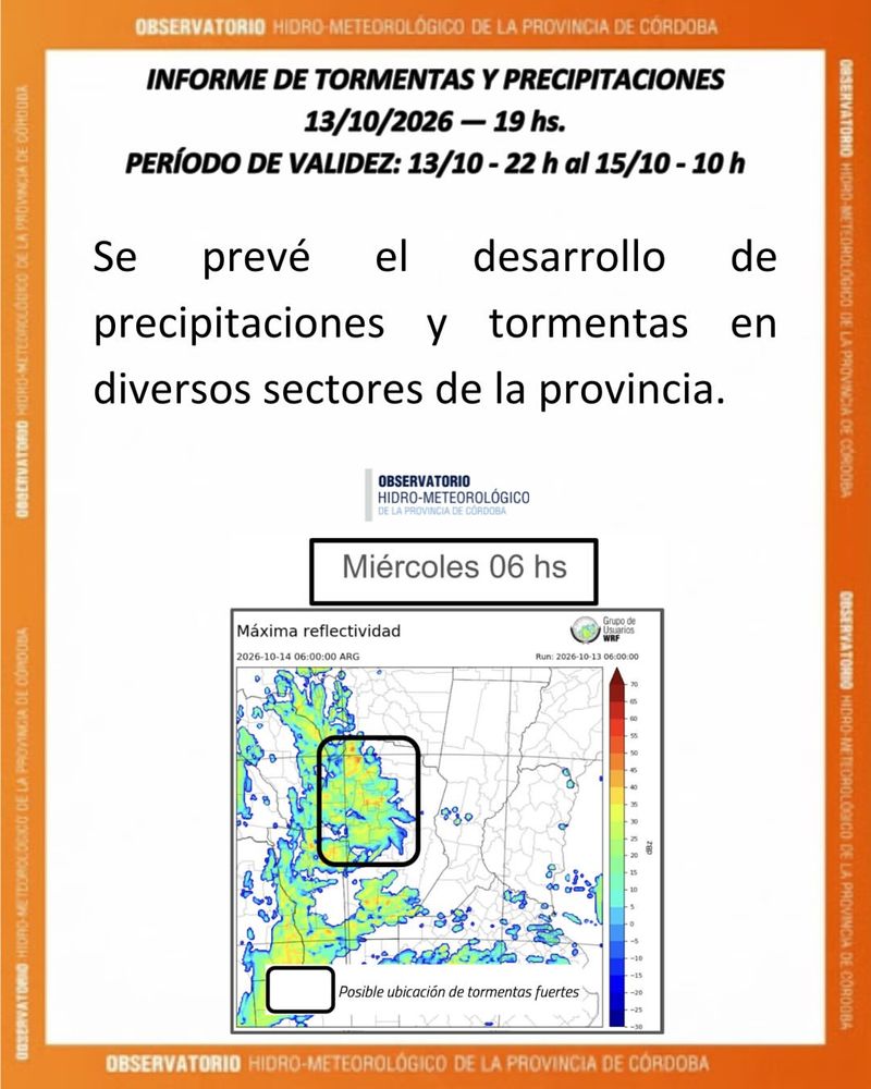 Informe de tormentas desde este 13 de octubre hasta el 15 en Córdoba.