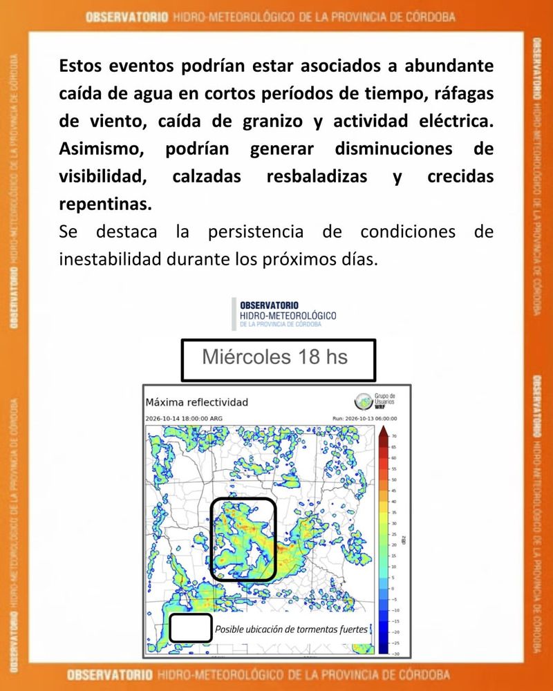 Informe de tormentas desde este 13 de octubre hasta el 15 en Córdoba.