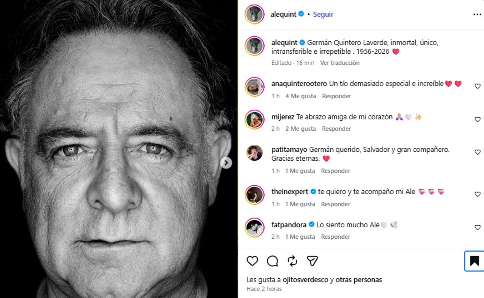 Alejandra Quintero Sinisterra, sobrina del actor, compartió un mensaje de despedida en redes sociales.