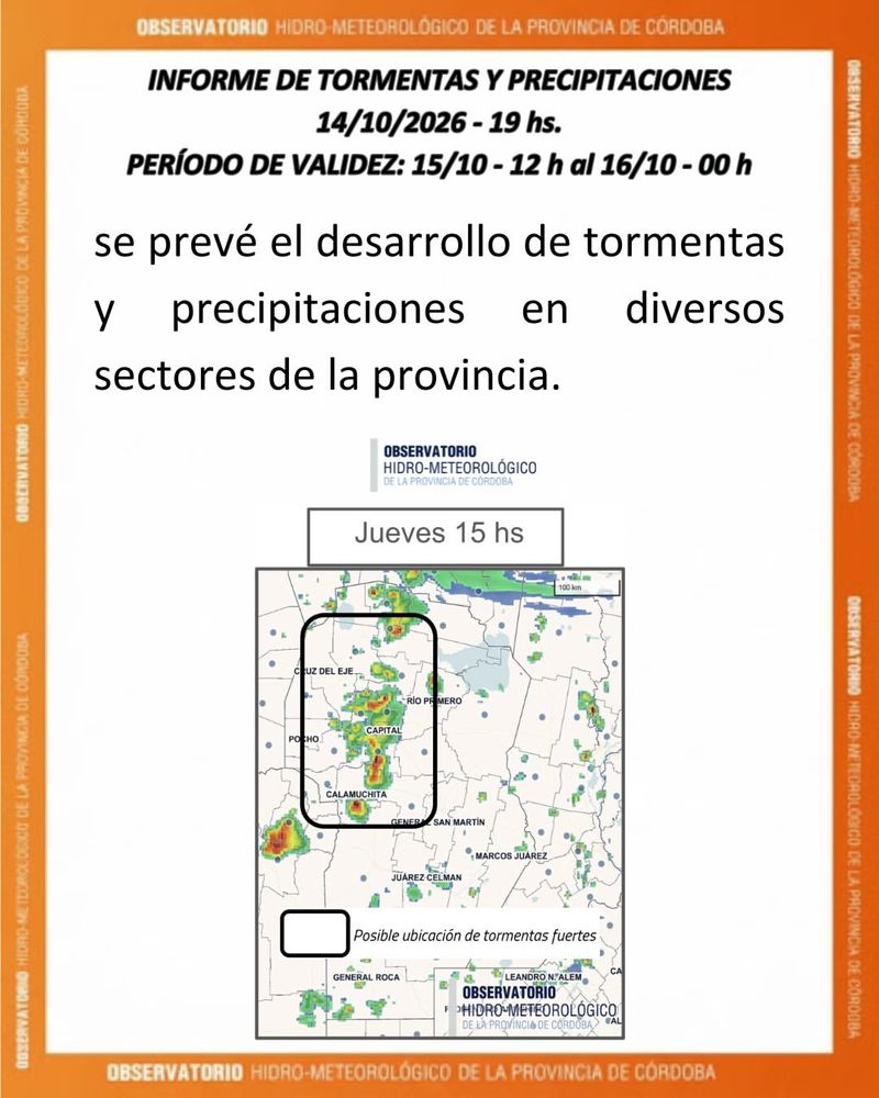Informe por tormentas para este jueves 15 de octubre en Córdoba