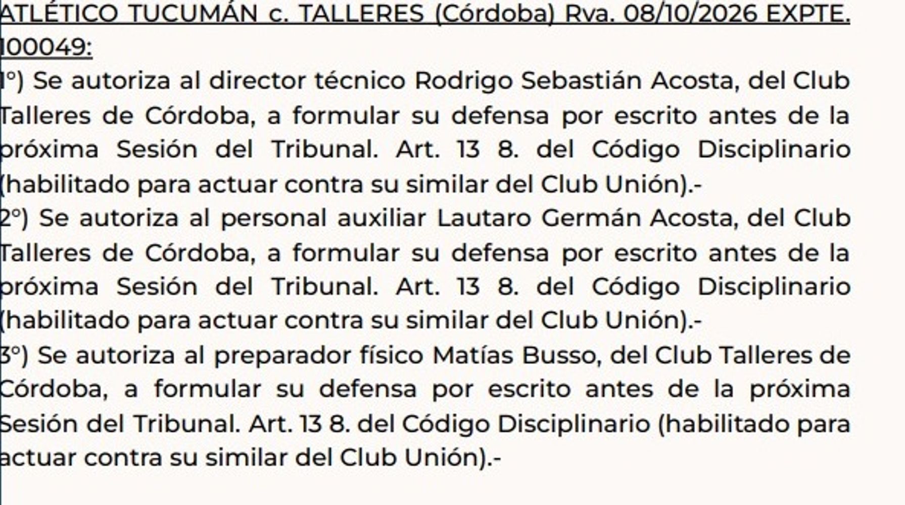 El documento de AFA sobre el partido entre Talleres y Atlético Tucumán.