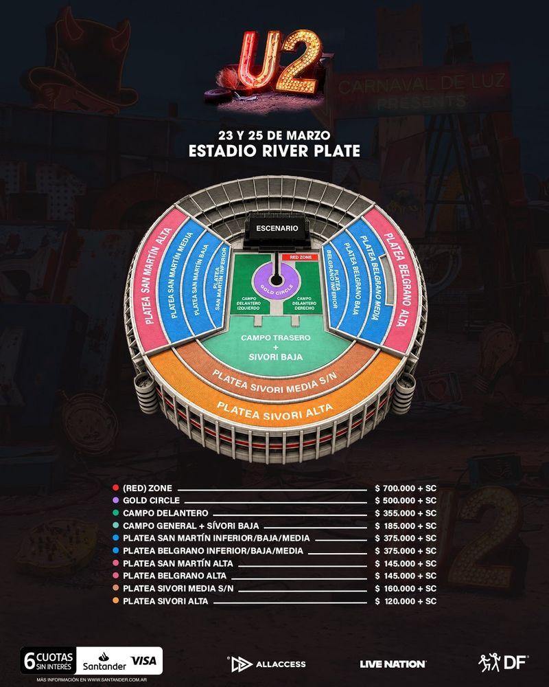 U2 en Argentina 2027: precios de entradas, mapa de ubicaciones de River Plate y dónde comprarlas