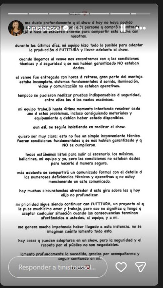 El comunicació de Tini Stoessel tras la cancelación de su show