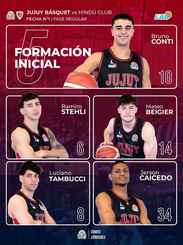 El quinteto titular que propuso el DT Guillermo Tasso en el debut de Jujuy Básquet, este domingo en la capital jujeña.