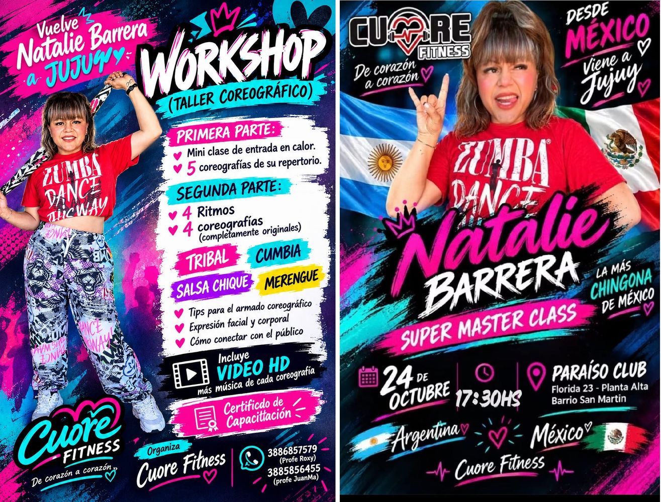 Piezas gráficas que anuncian la llegada a Jujuy de Natalie Barrera, invitada por el equipo Cuore Fitness.
