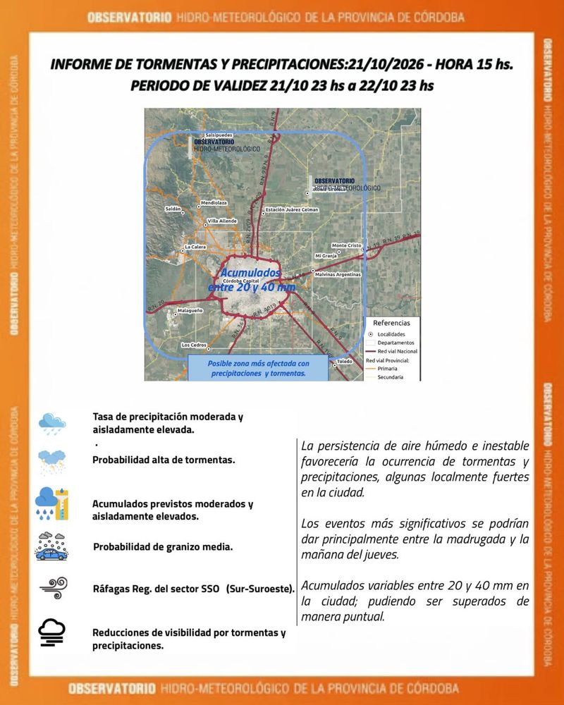 El clima en Córdoba para este jueves 22 de octubre.