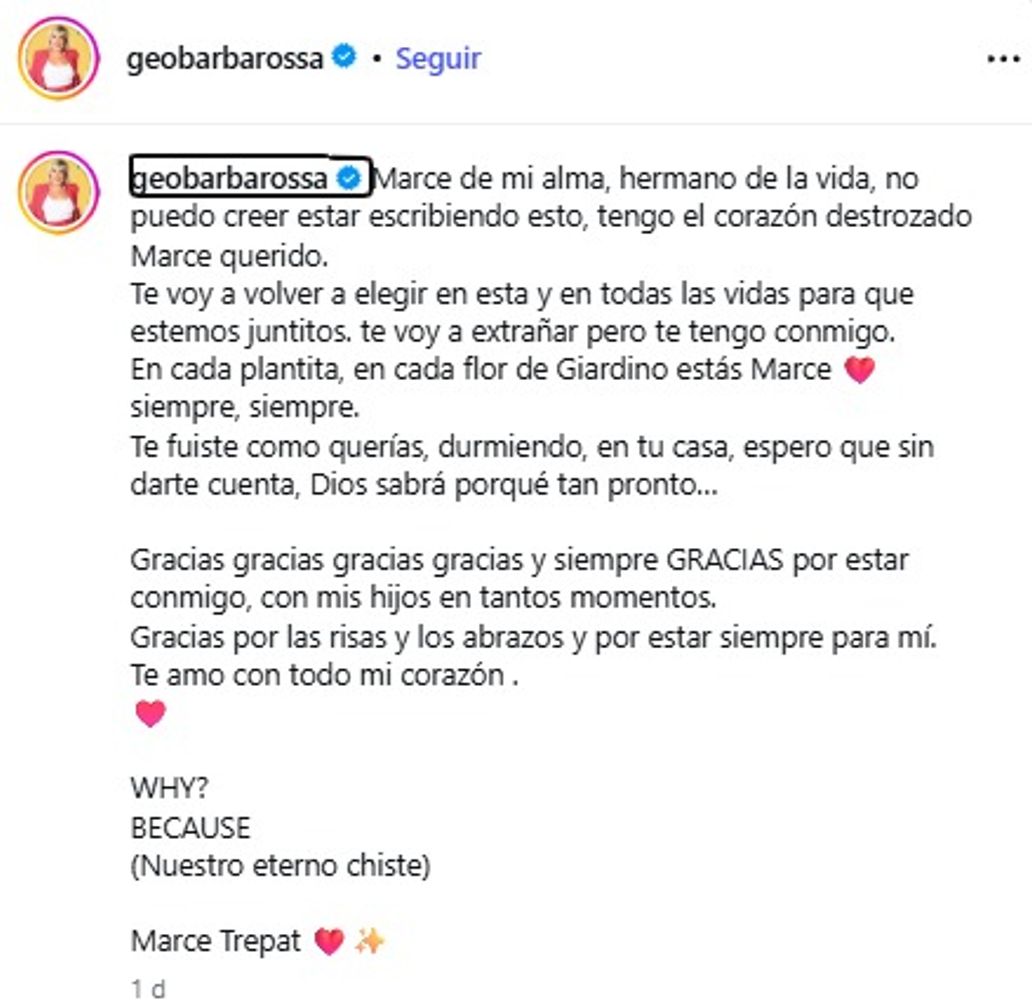 Georgina Barbarossa despidió a su amigo con un emotivo mensaje en las redes sociales.