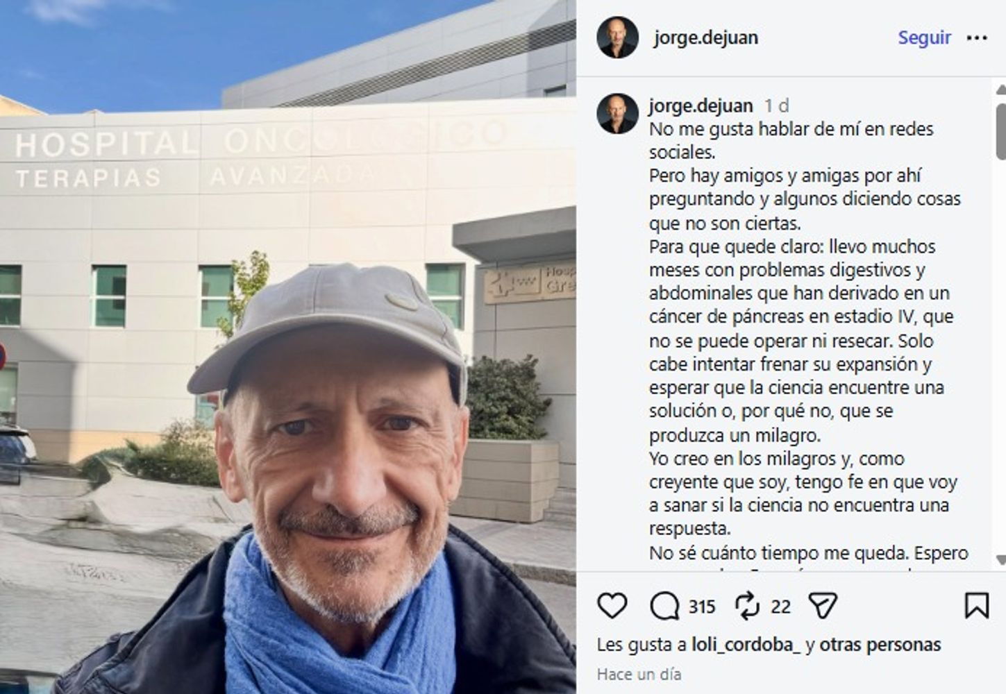 Jorge de Juan confirmó que tiene cáncer de páncreas en estadio IV.