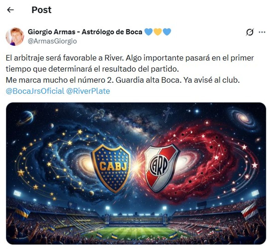 El astrólogo Giorgio Armas adelantó lo que podría suceder en el Superclásico.