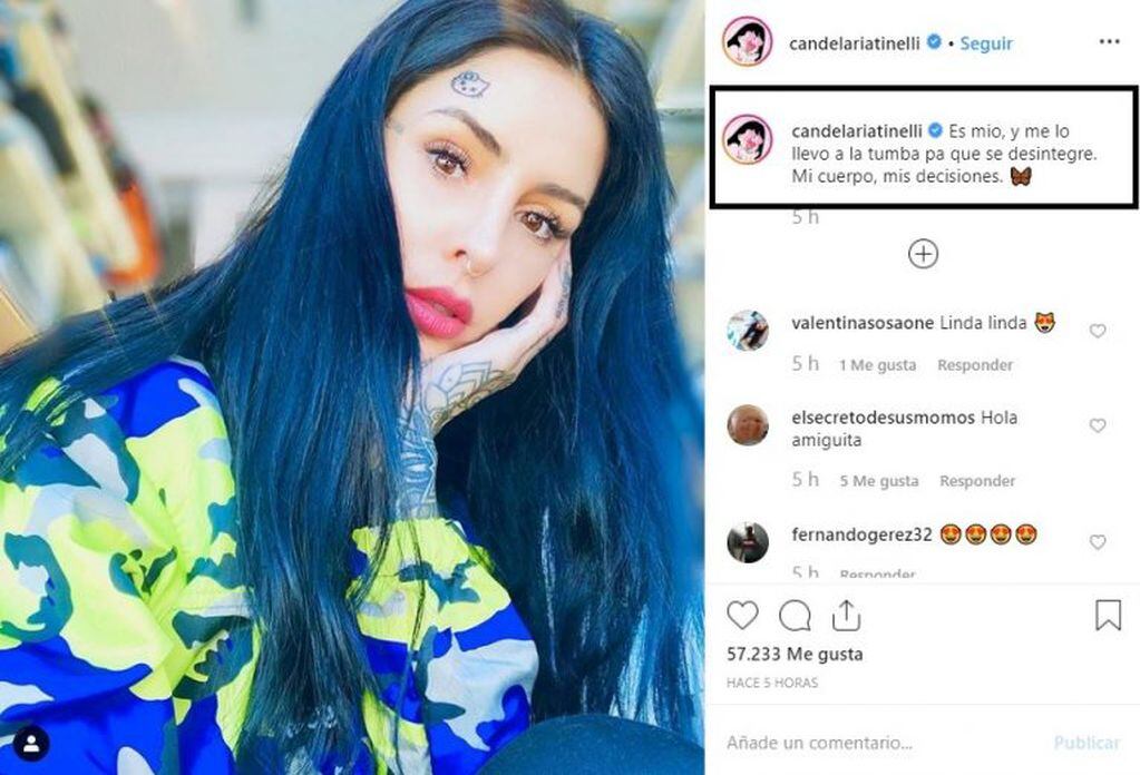 Cande Tinelli se tatuó una Kitty muerta en la cara (Instagram: @candelariatinelli)