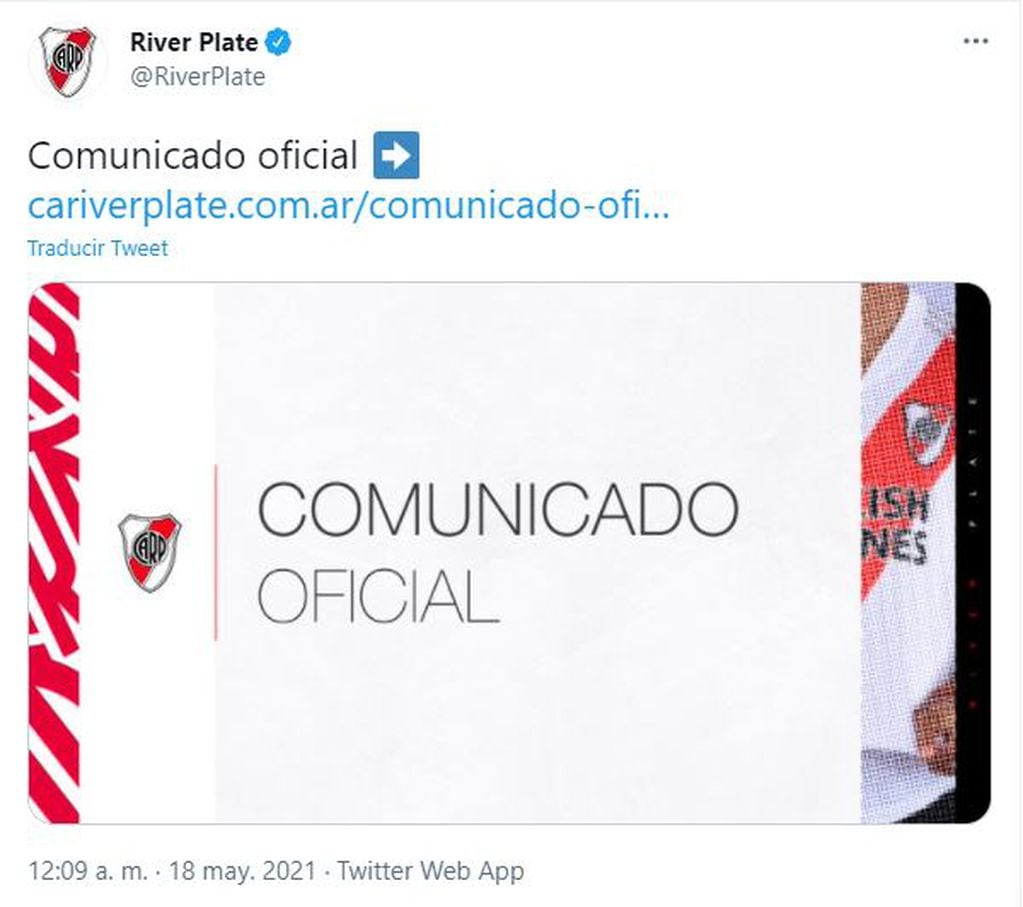 Comunicado de River en el que el club informa que acatará el reglamento de la Conmebol pese al brote de COVID-19 en el plantel.