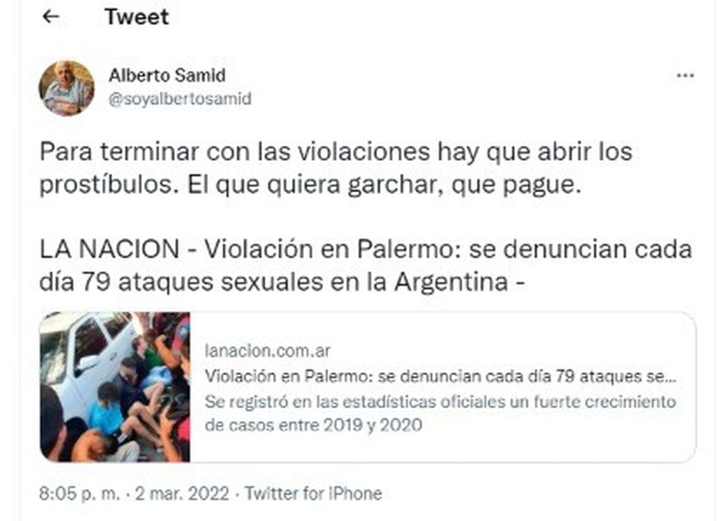 El tuit de Alberto Samid por la violación grupal en Palermo.