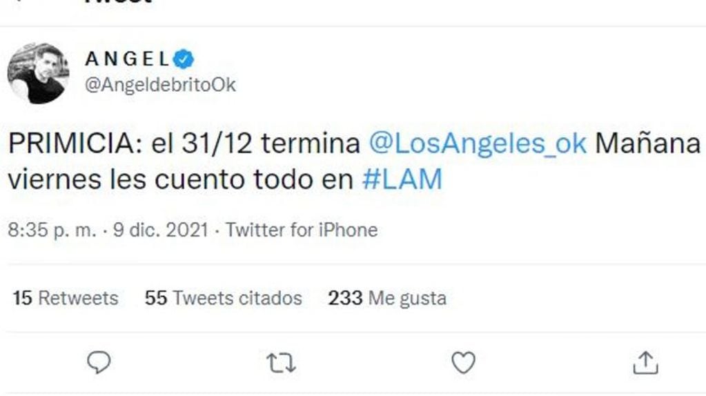 Ángel de Brito y su mensaje anunciando el fin de LAM. (Foto: Twitter)