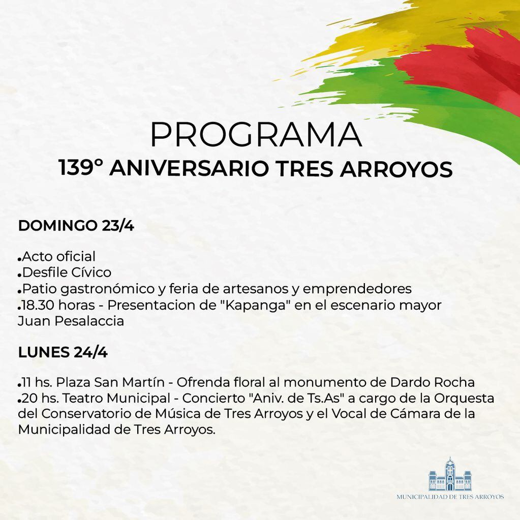 El domingo 23 será el Acto Oficial por los 139 años de Tres Arroyos