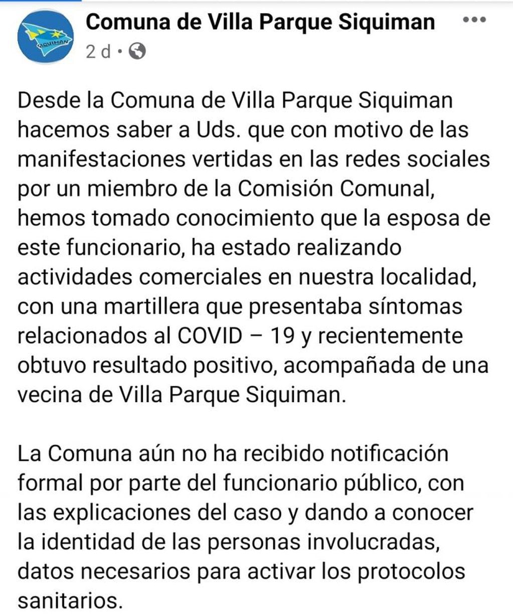 Comunicado emitido por la Comuna de Villa Parque Síquiman el pasado viernes 7 de agosto. (Foto: captura / Facebook).