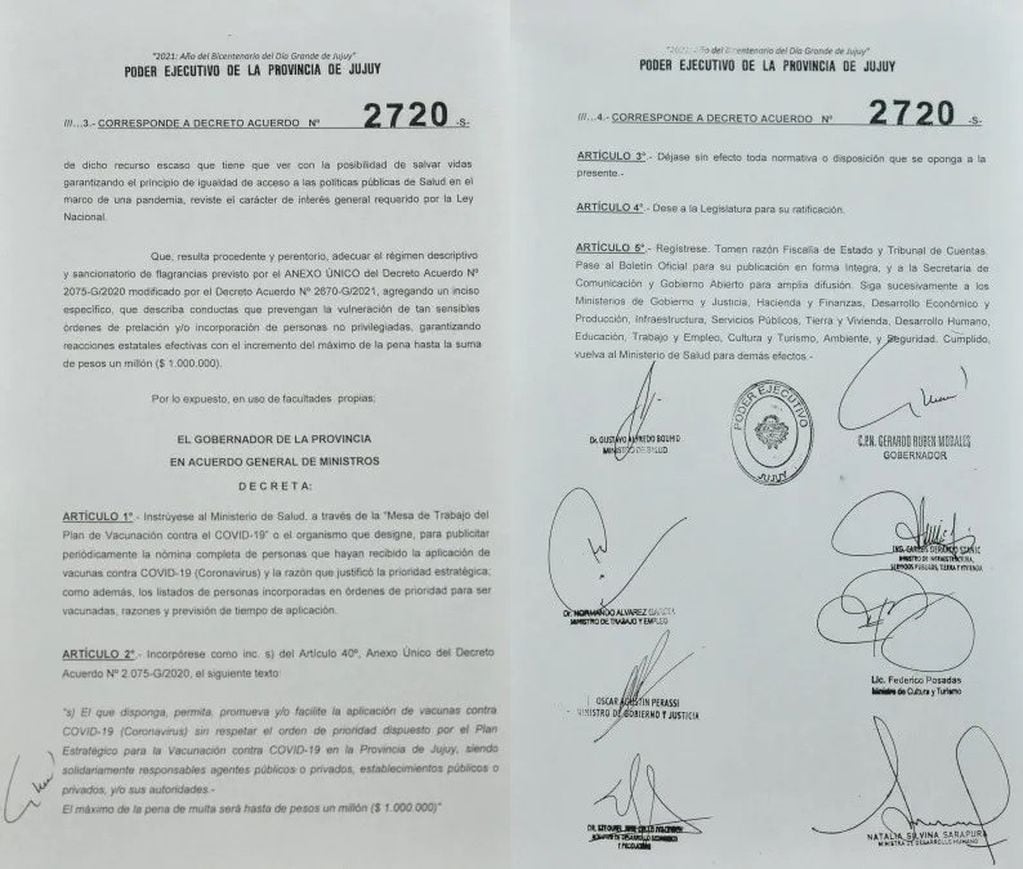 El decreto emitido por el Poder Ejecutivo  de Jujuy disponiendo que se publique la lista de personas vacunadas contra el Covid-19 en la provincia .