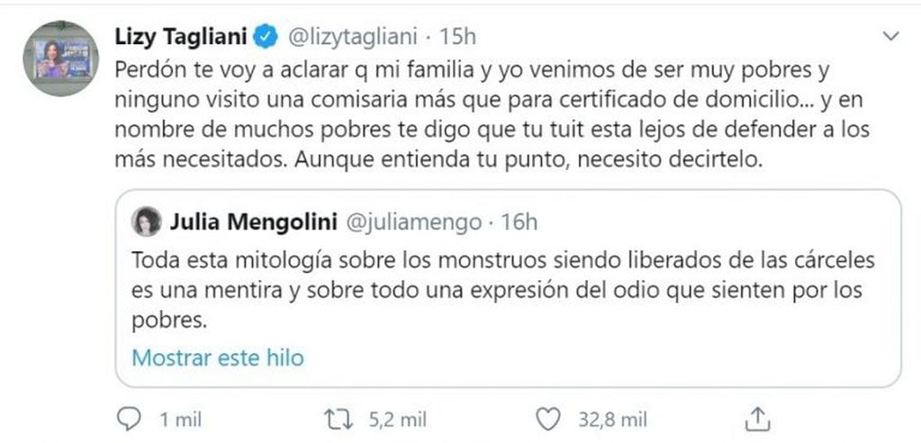 El cruce en Twitter de Lizy Tagliani y Julia Mengolini.