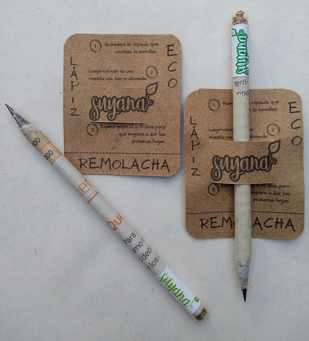 Matías y Dagma Miranda fabrican lápices de papel reciclado con semillas para cultivar.