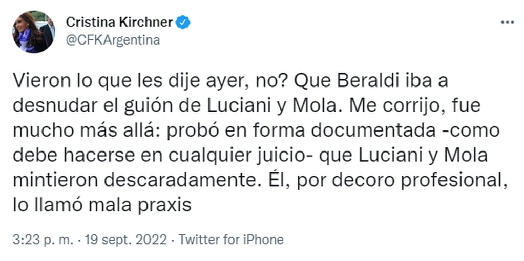 El tuit de Cristina Kirchner sobre los alegatos de su defensa.