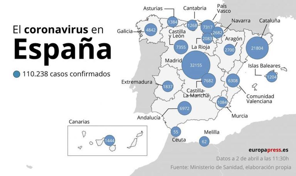 Mapa con casos de coronavirus en España a 2 de abril. (EUROPA ESPAÑA SALUD EPDATA).