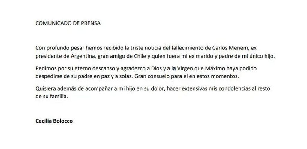 El comunicado de Cecilia Bolocco tras la muerte de Carlos Menem.
