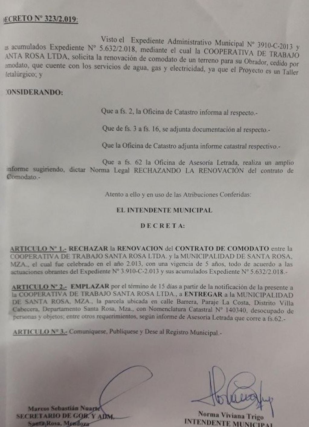 El decreto emitido por el municipio de Santa Rosa.