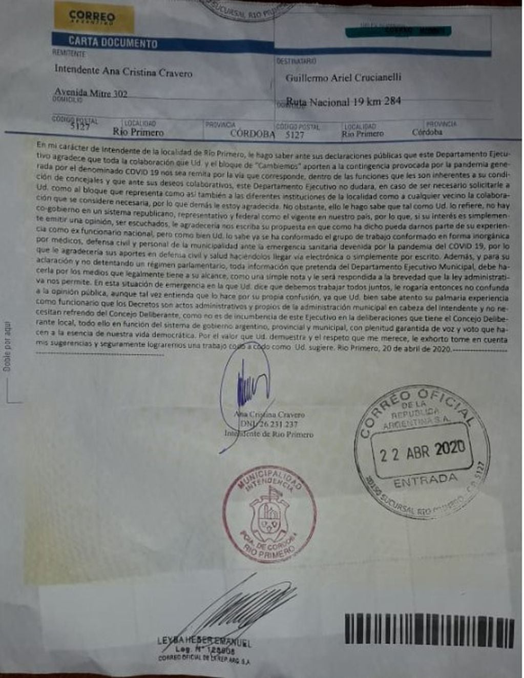 Carta documento enviada por Cristina Cravero al concejal Guillermo Crucianelli
