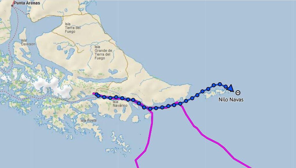 Los puntos azules ("waypoints") van marcando la derrota del Velero "Galileo" en su navegación hacia Islas de los Estados.
