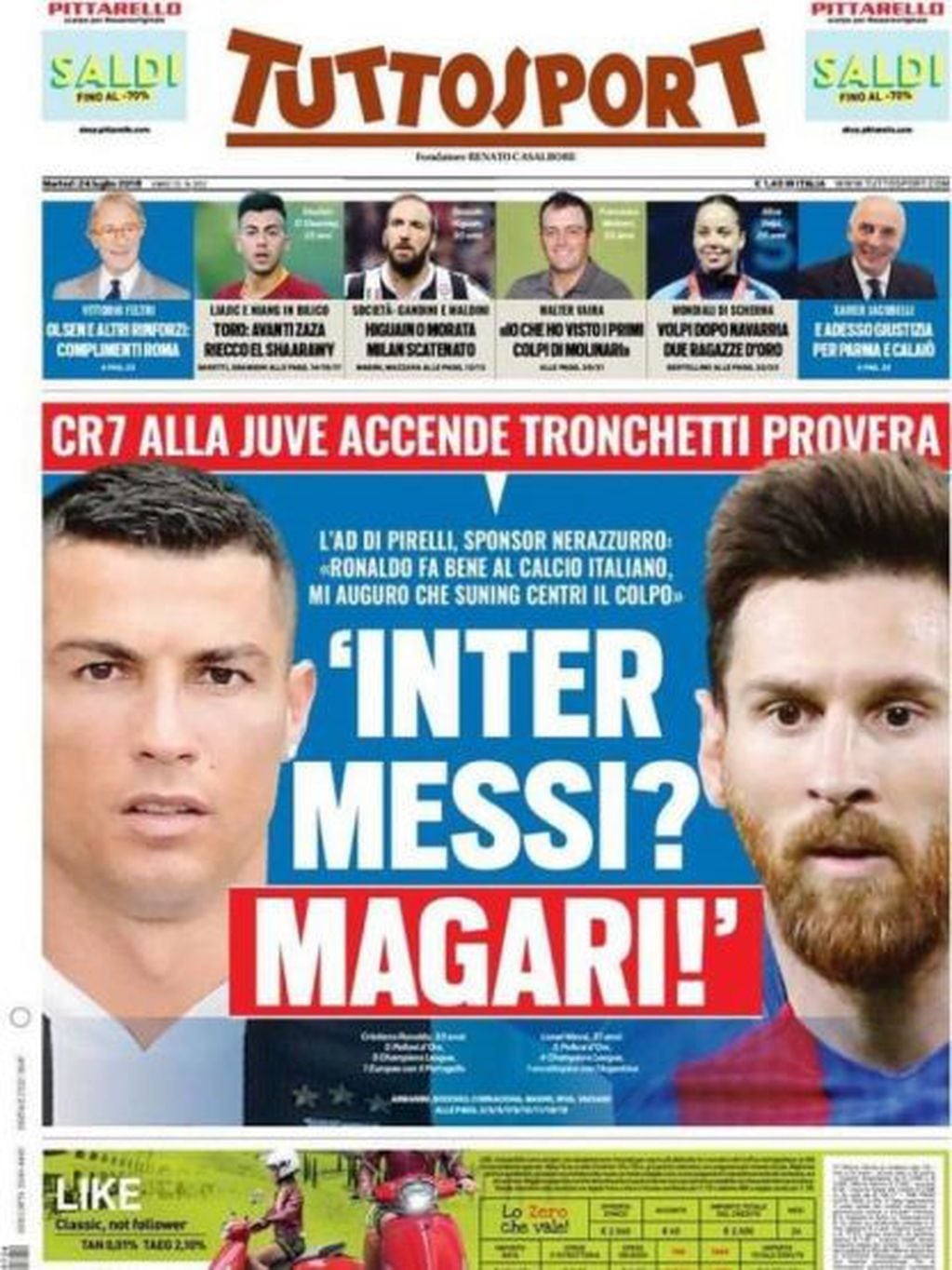 La portada del diario italiano TuttoSport de este martes 24 de julio de 2018 en la que dejan abierta la chance de que Lionel Messi pase al Inter de Milán.