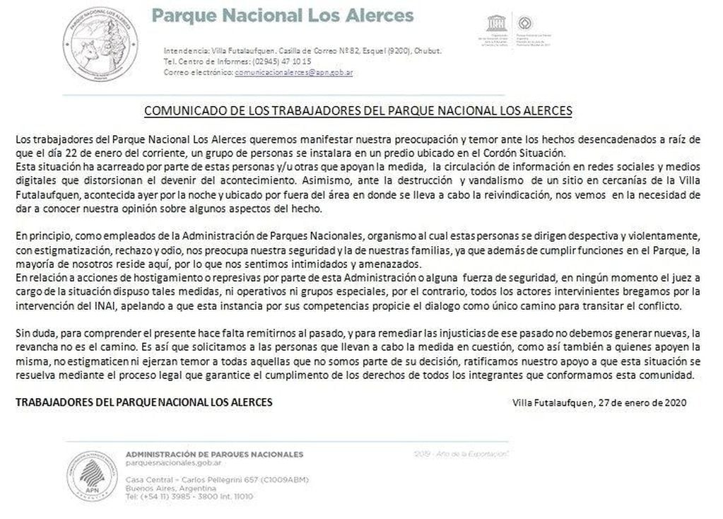 Comunicado de los trabajadores del Parque Nacional Los Alerces.