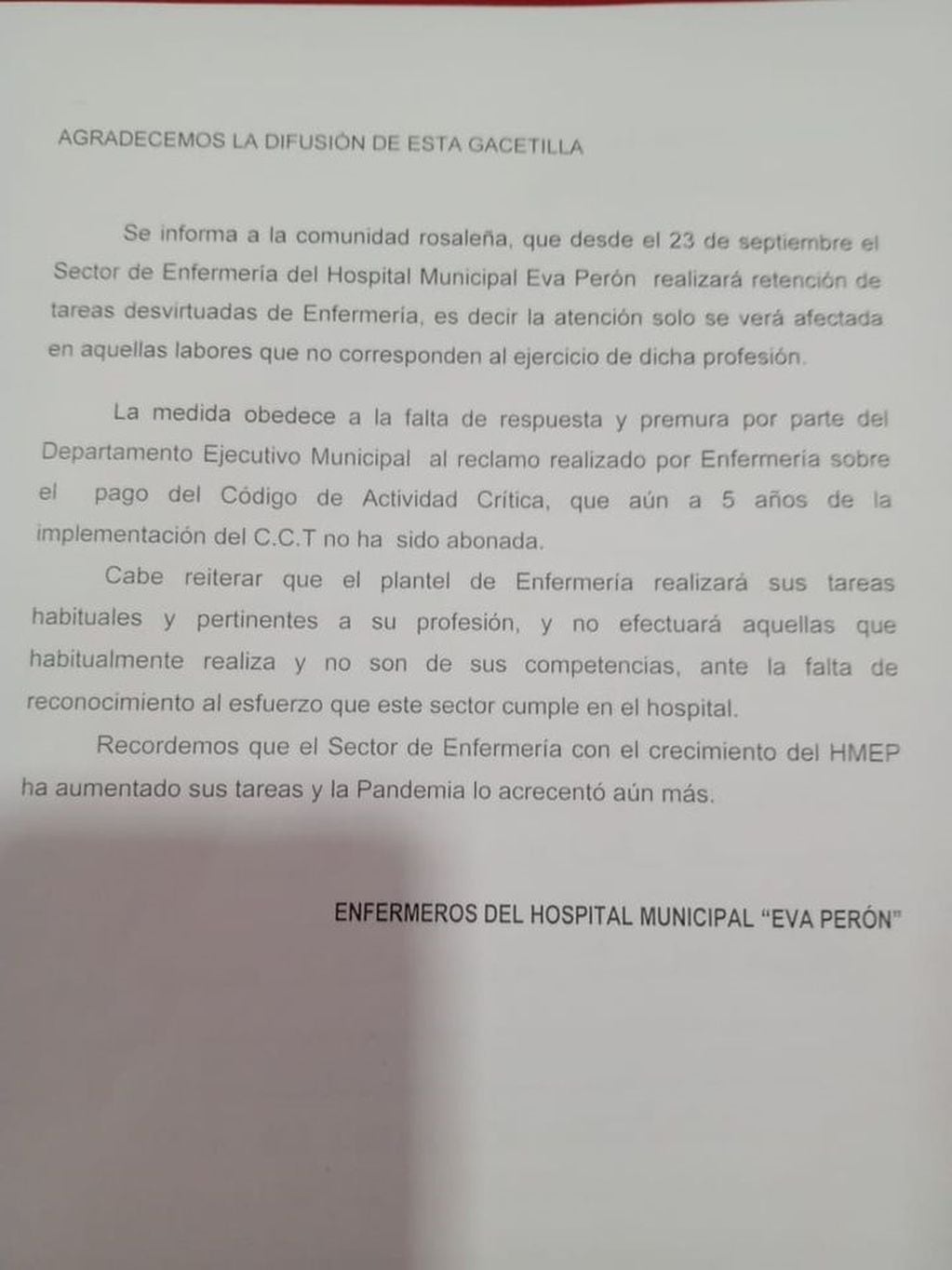 nota enfermeros Hospital Municipal Eva Perón