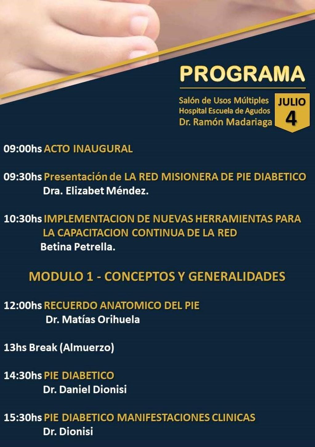 Programa del jueves 4 de julio en el lanzamiento de la Red del Pie Diabético de Misiones. (Hospital Madariaga Facebook)