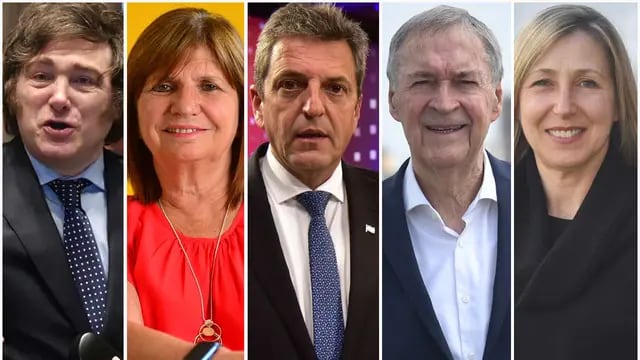 Elecciones 2023: los cinco candidatos a presidente que competirán en las generales: Javier Milei, Patricia Bullrich, Sergio Massa, Juan Schiaretti y Myriam Bregman.