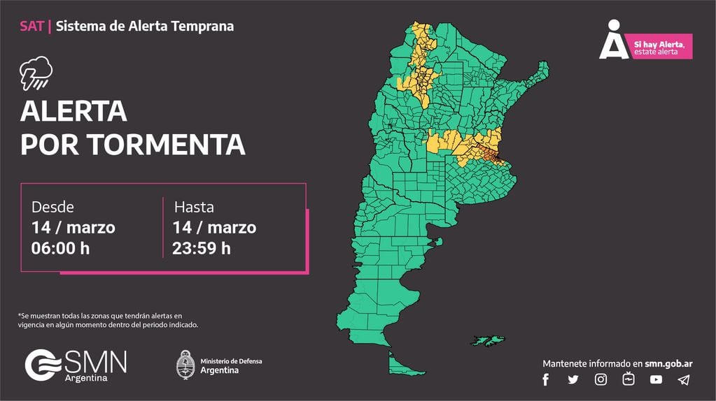 Alerta amarilla por tormentas en la provincia de Córdoba para este jueves 14 de marzo.