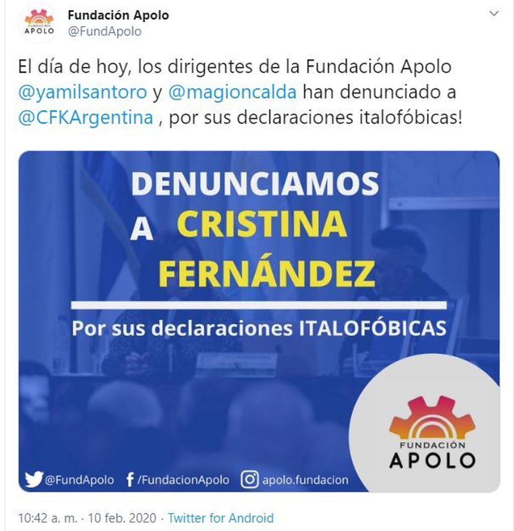 La denuncia de la Fundación Apolo. (Twitter)