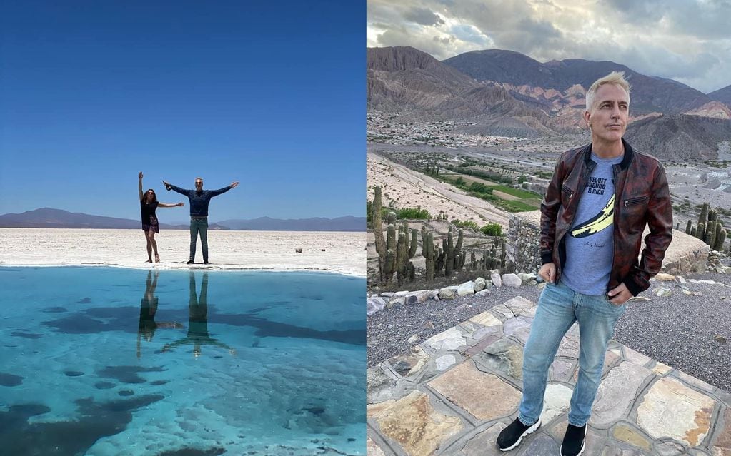 A la izquierda, Marley y Lizy Tagliani en las Salinas Grandes, a más de 4.000 msnm. A la derecha, el conductor de "Por el mundo en casa", con las montañas de colores en la Quebrada de Humahuaca.