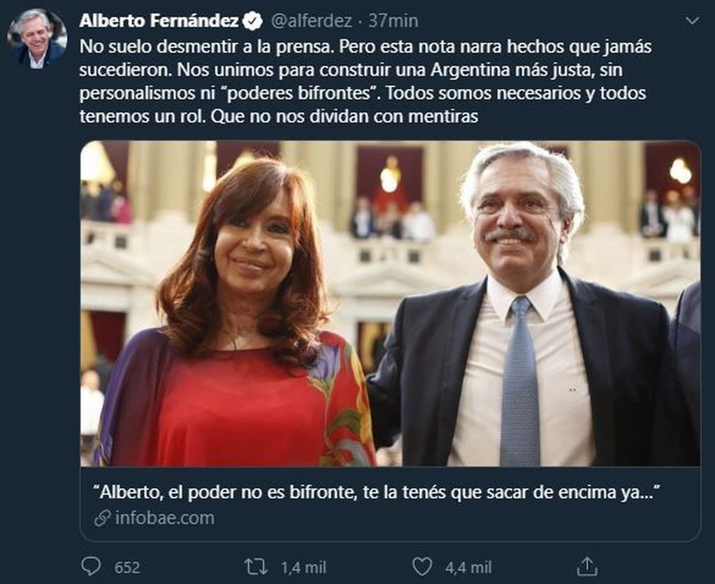 Alberto Fernández se enojó con un artículo periodístico y pidió que "no dividan con mentiras"