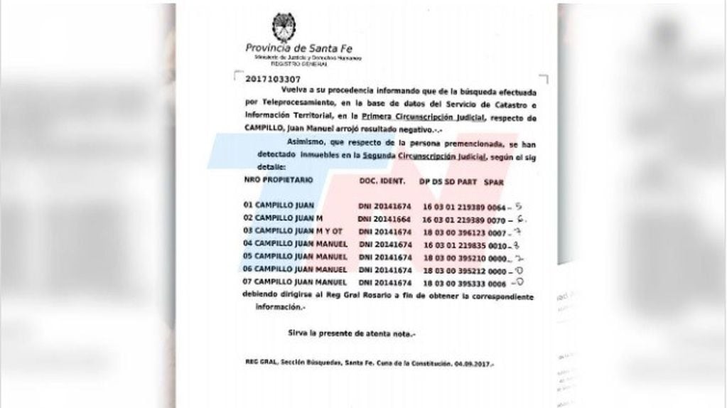 Las propiedades de Juan Manuel Campillo en Rosario y Arequito.