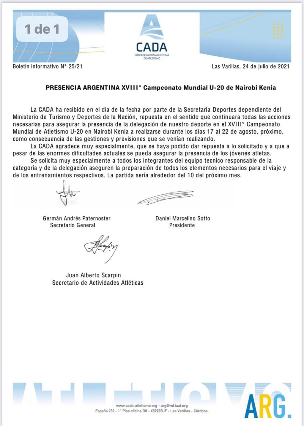El nuevo comunicado de la Confederación Argentina de Atletismo
