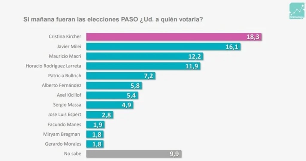 Cristina Kirchner sigue siendo la primera opción de voto, según una encuesta.