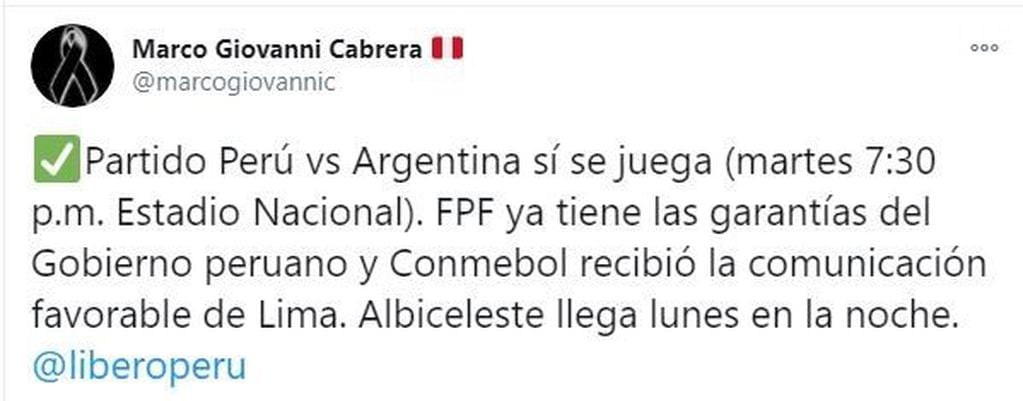 La confirmación del partido entre Perú y Argentina. (@marcogiovannic)