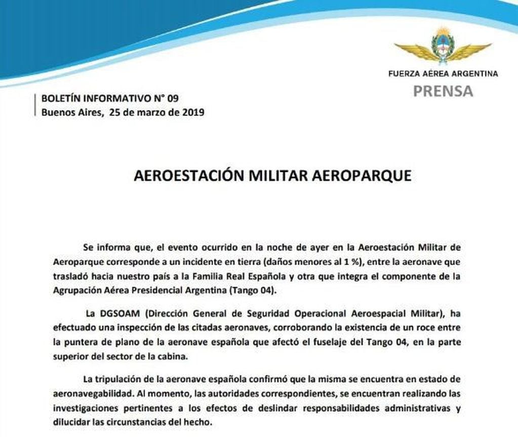 El comunicado de la Fuerza Aérea Argentina por el incidente en Aeroparque.