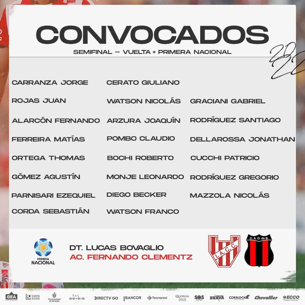 Lista de convocados de Instituto para el partido ante Defensores de Belgrano.